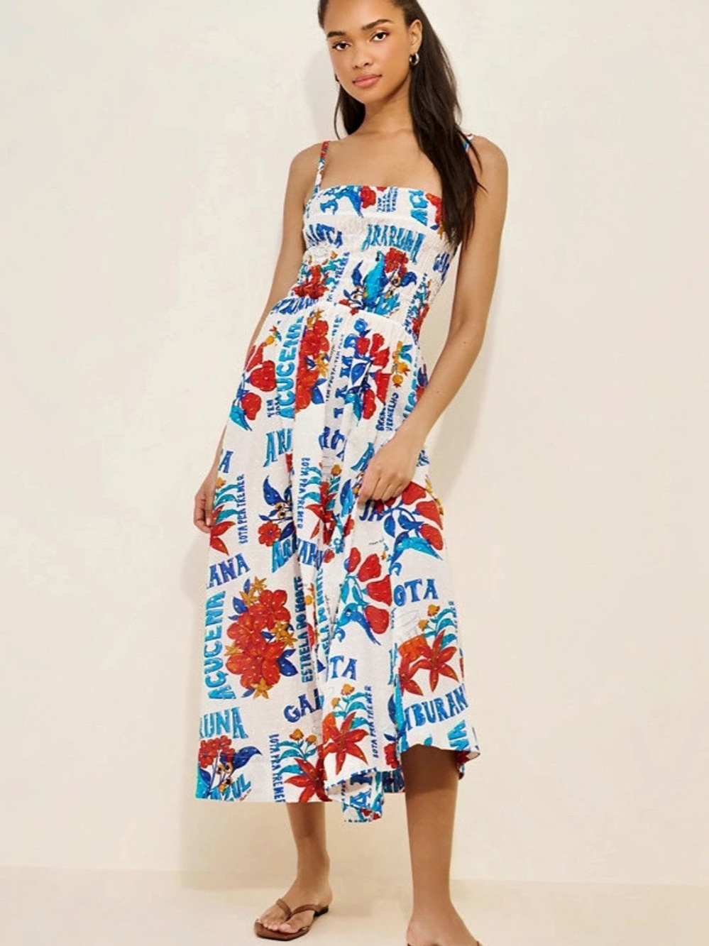 FARM Rio Carioca Posters Linen Blend Midi Dress, White & Blue